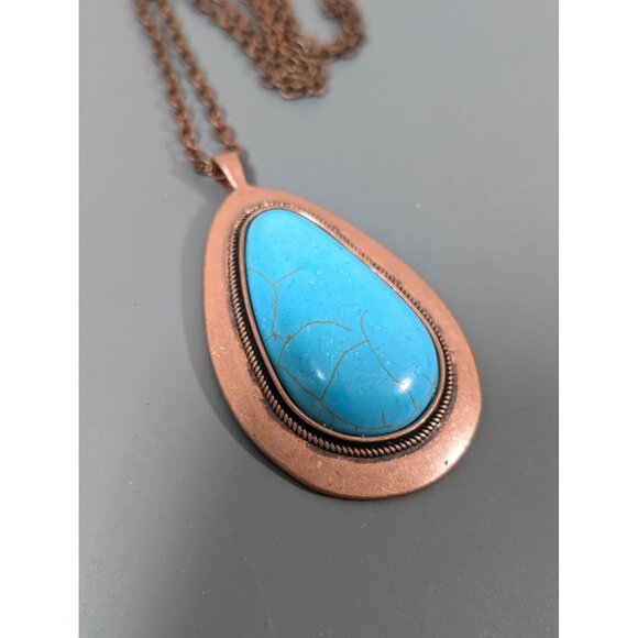Copper Tone Faux Turquoise Teardrop Stone Cabochon Long Statement Neckalce 38" - Picture 3 of 7